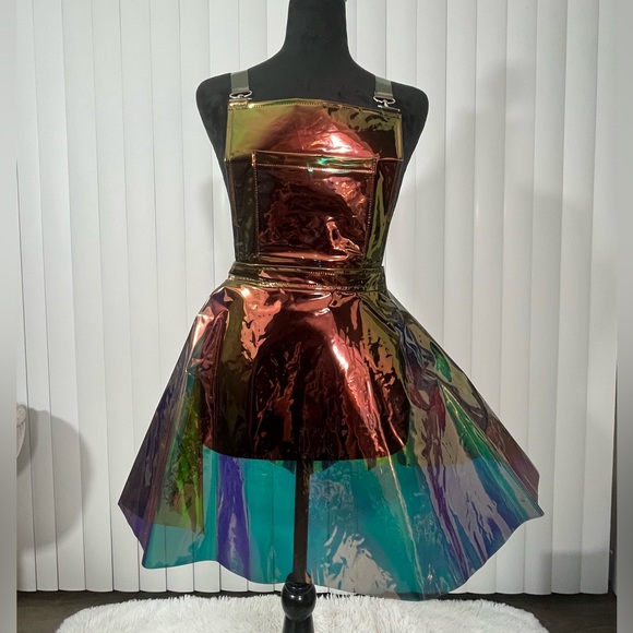 CLUB EXX Techno Gurl Hologram Vinyl Pinafore Overall Dress Metallic Blue Copper - Picture 2 of 12